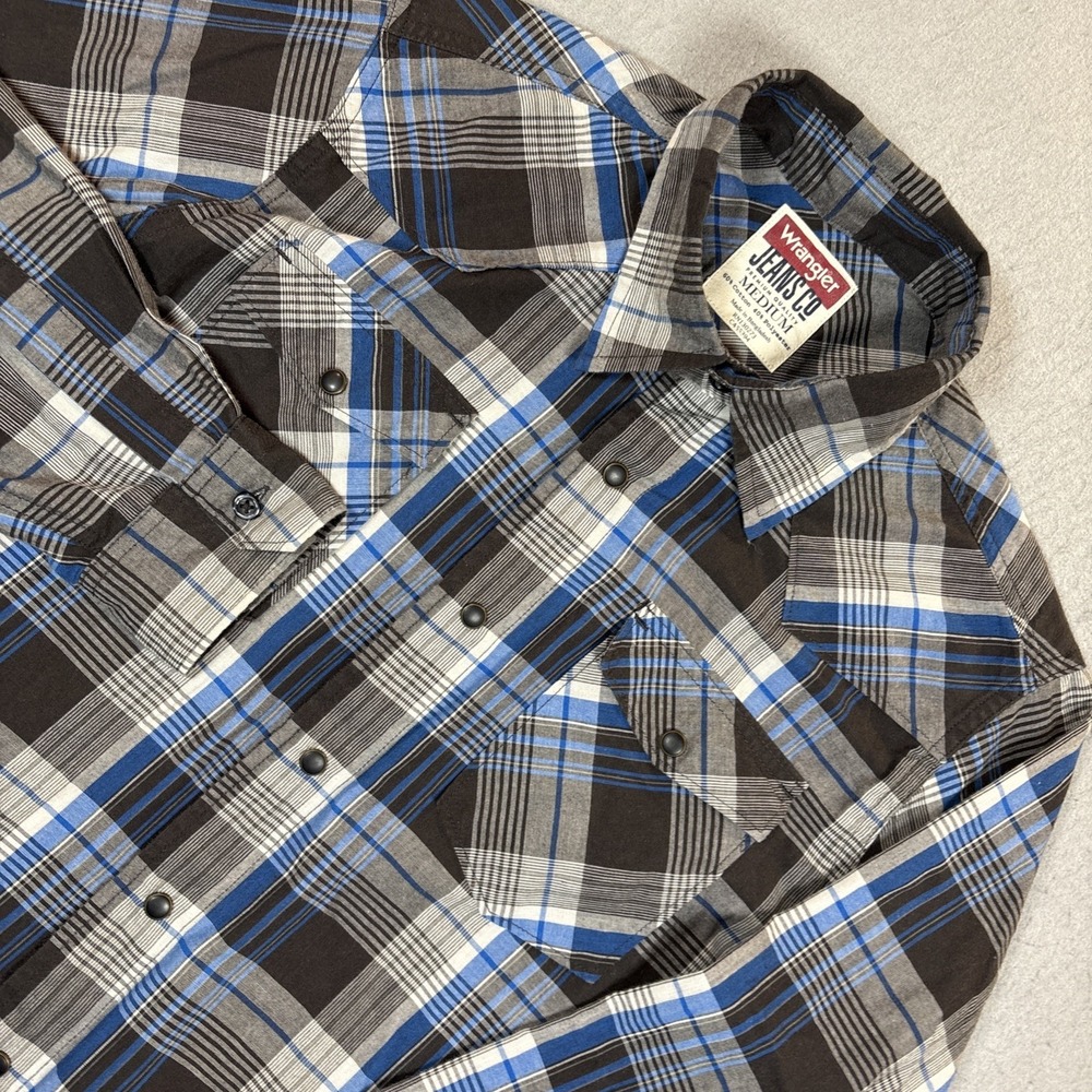 Wrangler Jeans Co Western Shirt Medium Blue Plaid Long Sleeve‎ Pearl Snap Men's